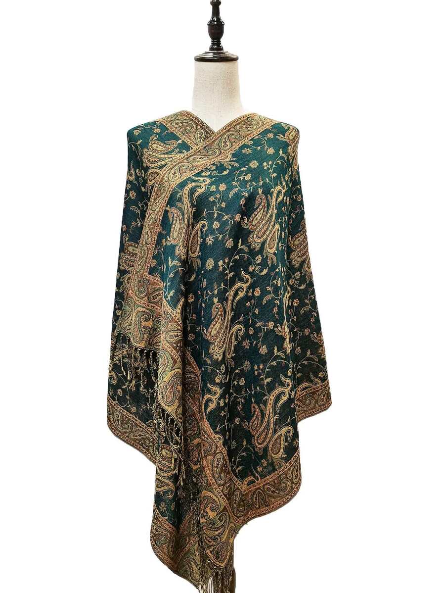 1條女款多色復古提花腰果印花波希米亞風長流蘇圍巾，適合日常穿著、旅行、攝影波霸風格