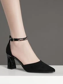 Zapatos De Tacón Grueso De Punta Estrecha Para Mujeres - Negro - Ver 6