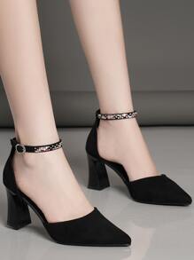 Zapatos De Tacón Grueso De Punta Estrecha Para Mujeres - Negro - Ver 3