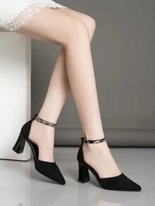 Zapatos De Tacón Grueso De Punta Estrecha Para Mujeres - Negro - Ver 5
