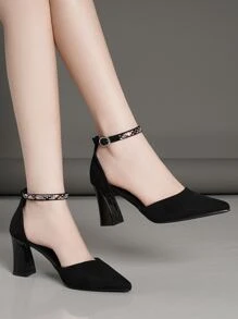 Zapatos De Tacón Grueso De Punta Estrecha Para Mujeres - Negro - Ver 4