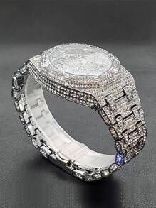Men's Luxury Full Rhinestone Arabic Numerals Quartz Watch, Waterproof Holiday