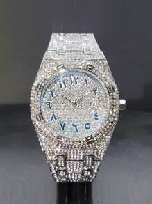 Men's Luxury Full Rhinestone Arabic Numerals Quartz Watch, Waterproof Holiday