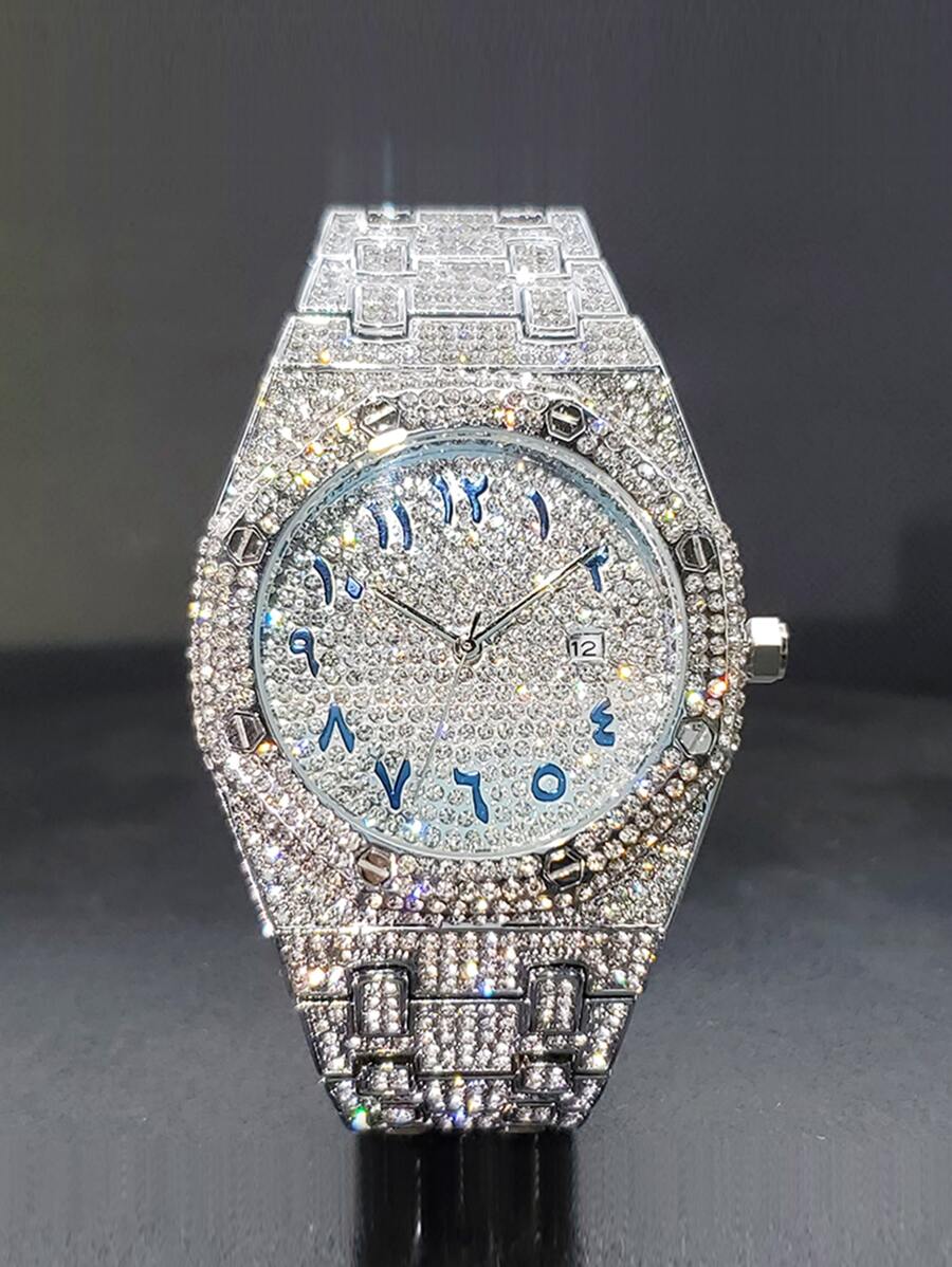 Men's Luxury Full Rhinestone Arabic Numerals Quartz Watch, Waterproof Holiday