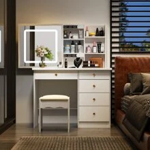 Large Vanity Set Makeup Vanity Dressing Table With Sliding Lighted Mirror, 5 Drawers & Shelves, Dresser Desk And Cushioned Stool Set