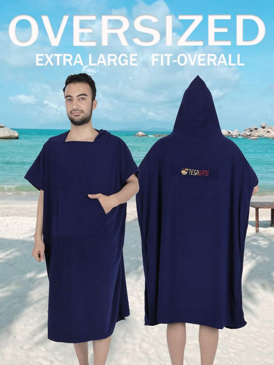 1件具多種風格的超細纖維海灘連帽浴袍,聚酯纖維柔軟吸水,適用於海灘、戶外、浴室等地穿著的浴袍 - 藏青色 - 查看 1