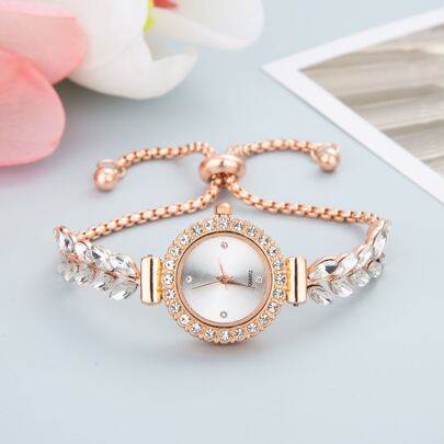 全新休闲时尚女士手链表，可爱圆形小表盘，带水晶、叶子和羽毛表带，合金石英表，女士礼物
