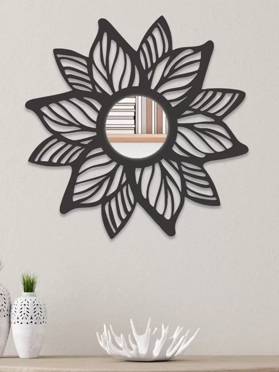Espelho Mandala Folhas MDF Decorativo 30x30cm - Preto - Visão 1
