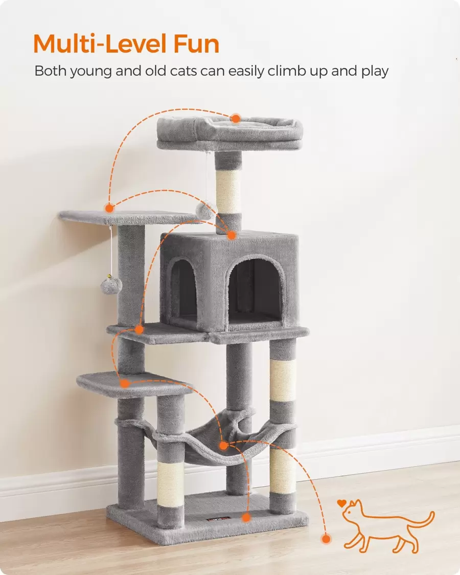 Feandrea Cat Tree, 44.1-Inch Cat Tower For Indoor Cats, Multi-Level Cat Condo With 4 Scratching Posts, 2 Perches, Hammock, Cave - 淺灰色 - 查看 1
