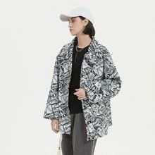 女性輕便前紐扣透氣有圖案的夾克 - 黑與白 - 查看 4