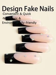 24入組中長方管形按壓式美甲,黑色法式邊緣彩色鑽石裝飾假指甲貼 - 黑色 - 查看 2