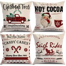 4入組17.7x17.7英寸聖誕枕套,帶有單詞,聖誕老人,紅色格子,汽車和雪橇圖案,適用於冬季假期,農村風格裝飾,家居、沙發和室外,只包括枕套 - 彩色 - 查看 1