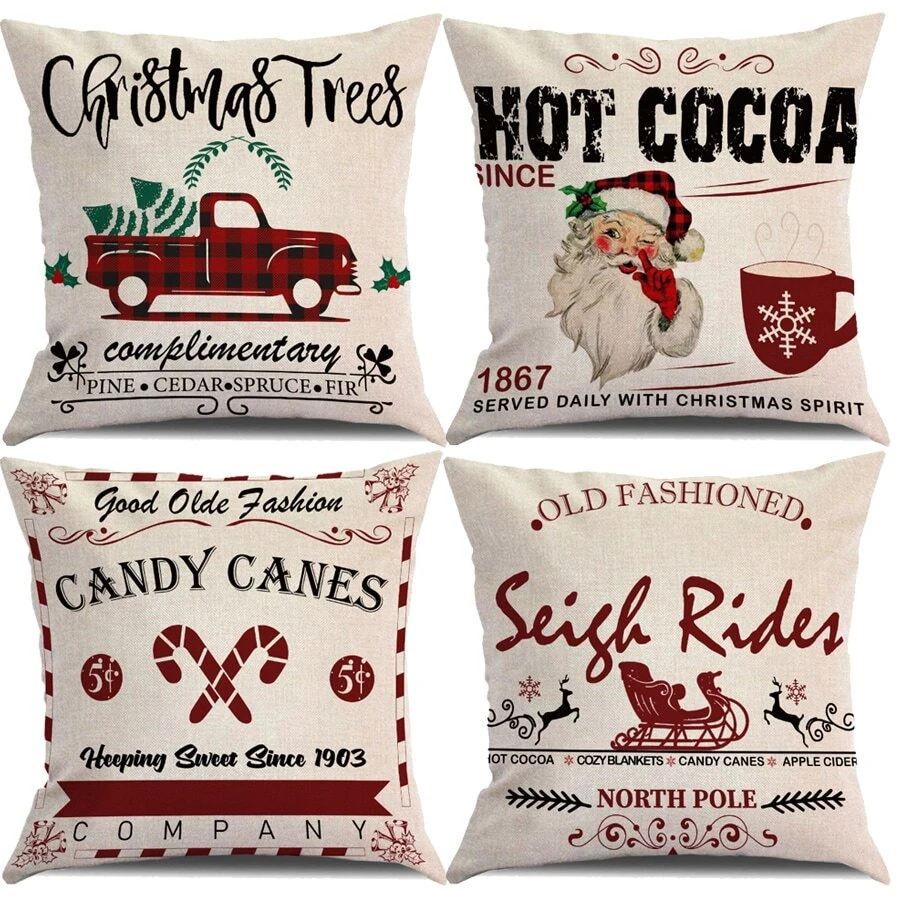 4入組17.7x17.7英寸聖誕枕套,帶有單詞,聖誕老人,紅色格子,汽車和雪橇圖案,適用於冬季假期,農村風格裝飾,家居、沙發和室外,只包括枕套 - 彩色 - 查看 1