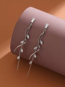 一对法式奢华长款铜质水钻流苏耳环，旋转扭结设计，优雅欧美风格，女士款 - 銀色 - 查看 5