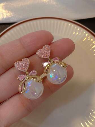 1 par högkvalitativ elegant fjäril och pilbåge, hel strass hjärtformade faux pärlor droppe örhängen, söt lyxstil för sjöjungfru prinsessan på datum och middagar Alla hjärtans dag, mamma, mor, mors dag, present