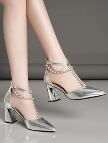 Tacones de mujeres de punta grueso tacón - Plateado - Ver 3