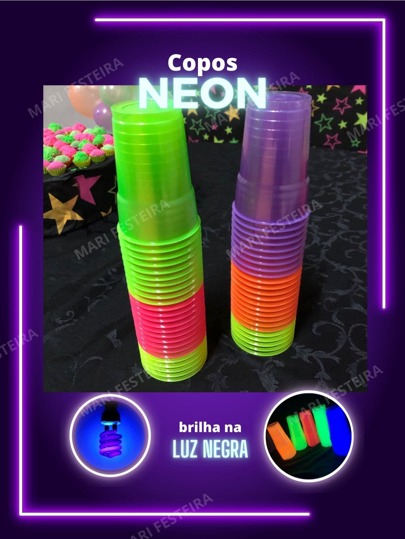 200 Copos Neon Gold 300 ml Brilha na Luz UV 4 Cores Sortidas