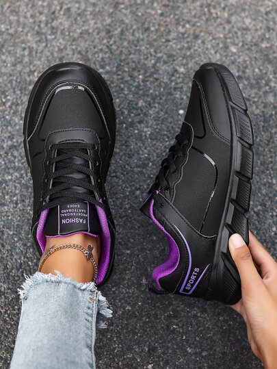 Women's Black & Purple Leather Casual Lace-Up Round Toe Sneakers, Lightweight & Comfortable For Autumn