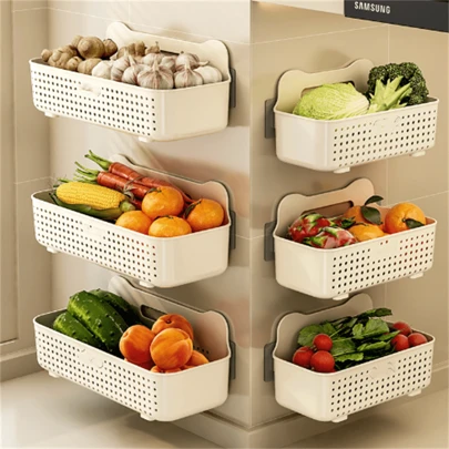 1入組壁掛式儲物籃，帶大容量和排水孔，廚房浴室收納架，無需鑽孔贈送掛鉤和粘合劑