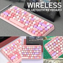 Wireless Bluetooth Keyboard Mini Portable 84-Key Keyboard Compatible With Android, Windows, PC, Tablet-Dark, Perfer For Home And Office Keyboards (Purple-Colorful) - 藕粉色 - 查看 7