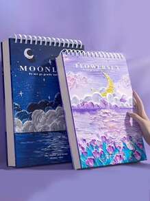 适合艺术生、素描和绘画的厚素描本，儿童绘画本，极具吸引力的空白素描笔记本 - 16K 纸张，60 张，适用于铅笔和炭笔绘画。艺术家素描板，素描，彩色铅笔，炭笔，适合学生和艺术绘画 - 7.4*10.4 英寸，1 件 - 海上月亮设计。 - 藍色 - 查看 4