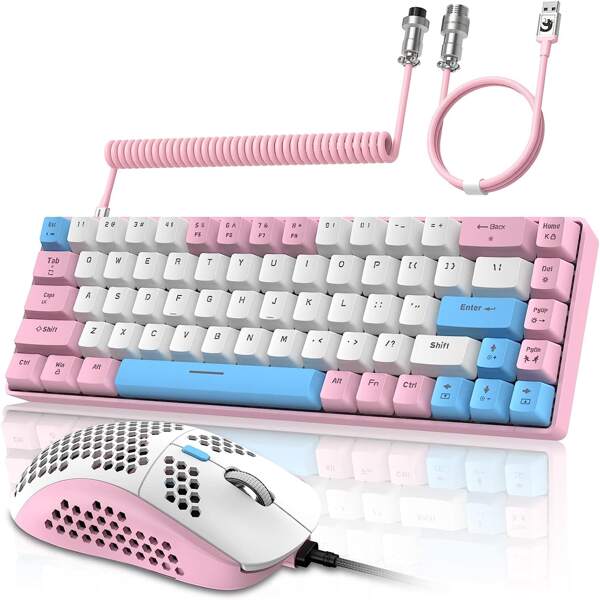 Combo clavier mécanique de jeu filaire 65% RK-T8Pro et souris avec rétroéclairage LED RVB, anti-ghosting, mini TKL 68 touches, câble enroulé C vers A, commutateur tactile bleu pour les joueurs sur PC (bleu)