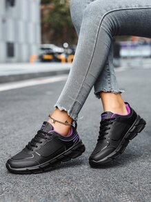 Women's Waterproof, Lightweight Low-top Sneakers With Leather Surface, Round Toe, Black Purple, Casual Style For Fall