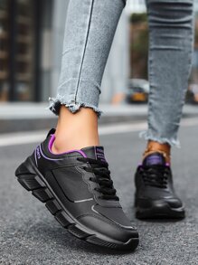 Women's Waterproof, Lightweight Low-top Sneakers With Leather Surface, Round Toe, Black Purple, Casual Style For Fall