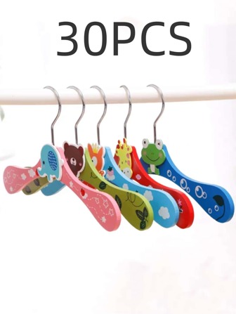 30pcs Kids' Cartoon Wooden Clothes Hanger, Baby Clothes Rack, Pet Clothes Drying Rack, Assorted Colors