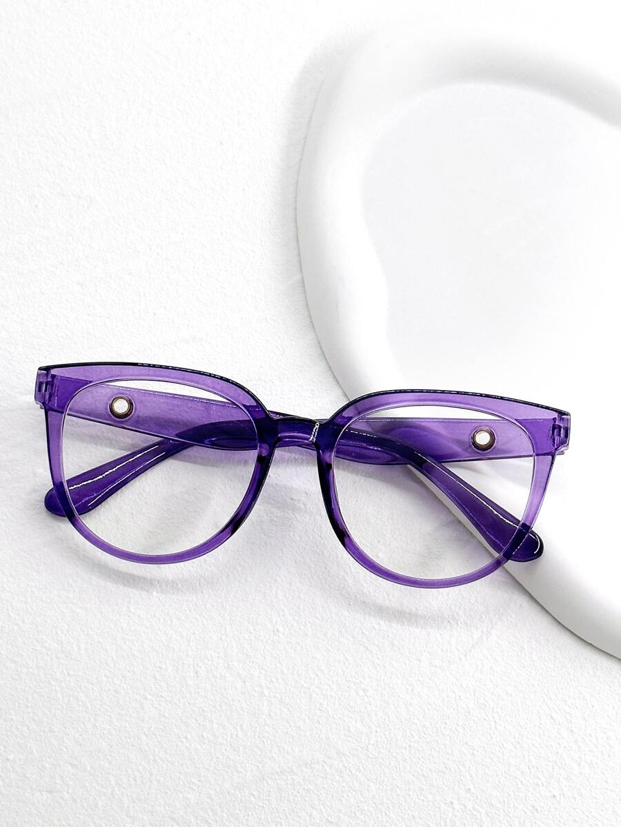 1 件紫色复古果冻色装饰平光镜片眼镜，适合女士日常佩戴和摄影 - 無色 - 查看 1