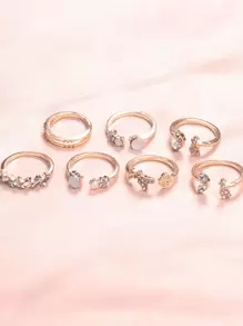 7pcs Loại bướm & Hình hoa Nhẫn Bộ Với Rhinestone Chi tiết Thanh lịch - Vàng - Xem 4