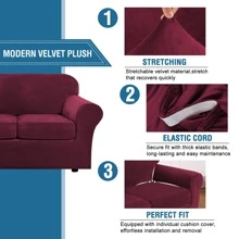 1/2/3 Seat Sofa Cover Stretch Velvet Plush Sofa Cover Slipcover Couch Chair Slipcover Protector Cushion Cover - 紅色 - 查看 7