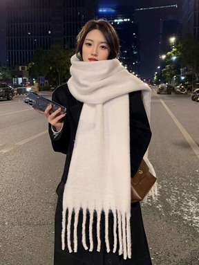 1pc Solid Color Scarf, Winter Warm Neck, Thickened Wool Knitted Thick Fringed Shawl, Winter Scarf