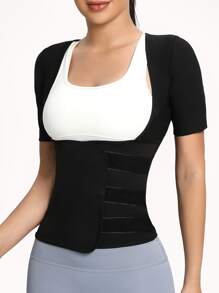 2025 新款女士汗蒸桑拿服，健身塑形透气粘腰短袖连体衣，固定胸围短袖连体衣，适合跑步、瑜伽、健身、性感外套瑜伽健身塑身衣，腰部修剪器，塑身衣（PU 涂层），较短长度 - 藍色 - 查看 7