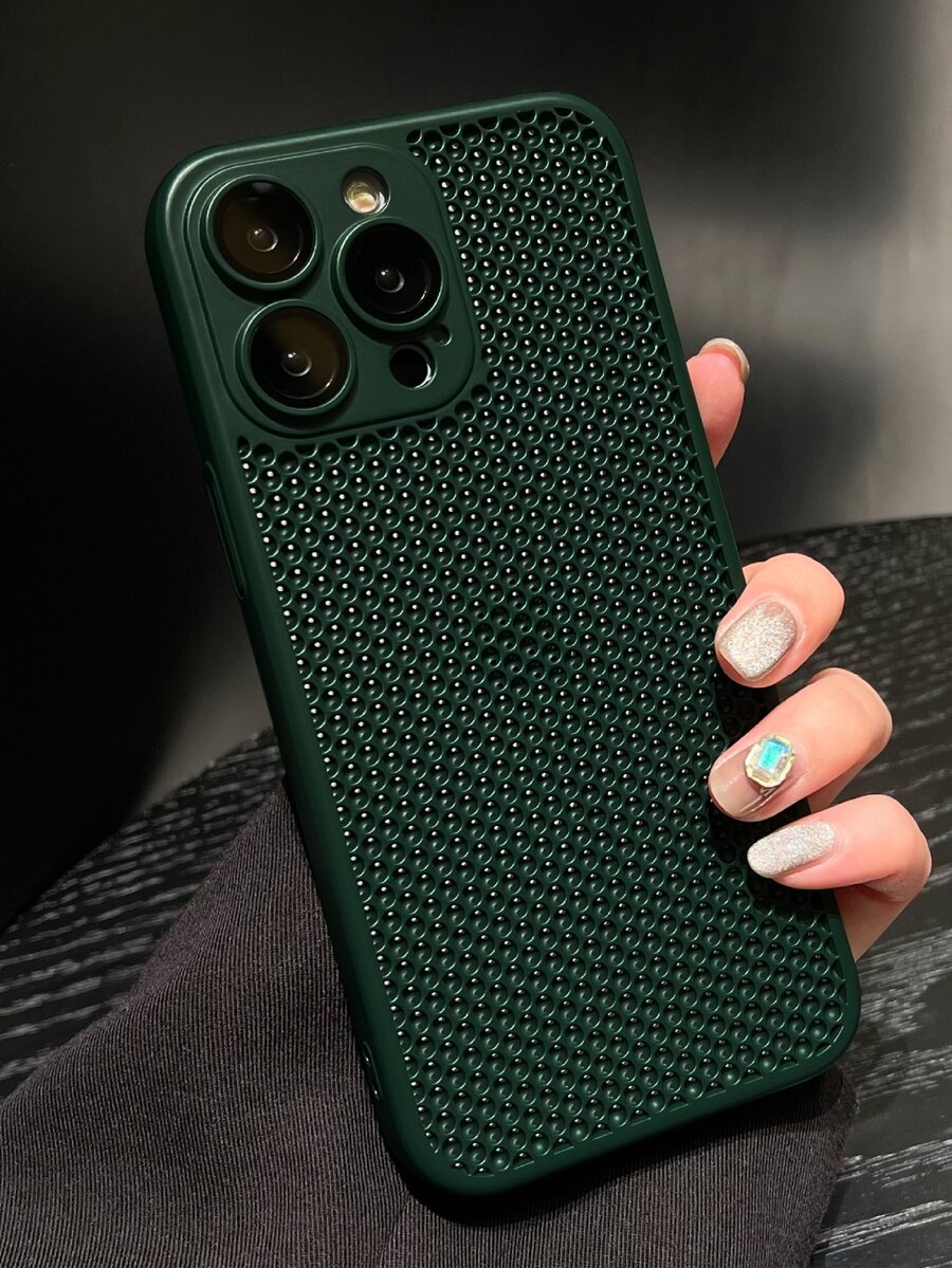 1 Pieza Funda De Teléfono Sólido De Color Con Botón Hueco Anticaídas Y Disipación De Calor Con Película De Lente Y Tapón Anti Polvo - Verde - Ver 1