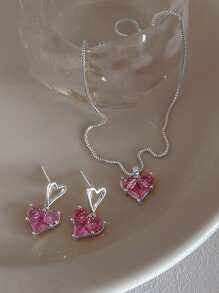 17KM 3入組粉色鑲嵌愛心吊墜耳環項鍊珠寶套裝,y2k風格派對女士禮物