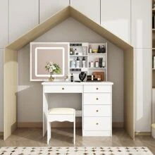 Large Vanity Set Makeup Vanity Dressing Table With Sliding Lighted Mirror, 5 Drawers & Shelves, Dresser Desk And Cushioned Stool Set