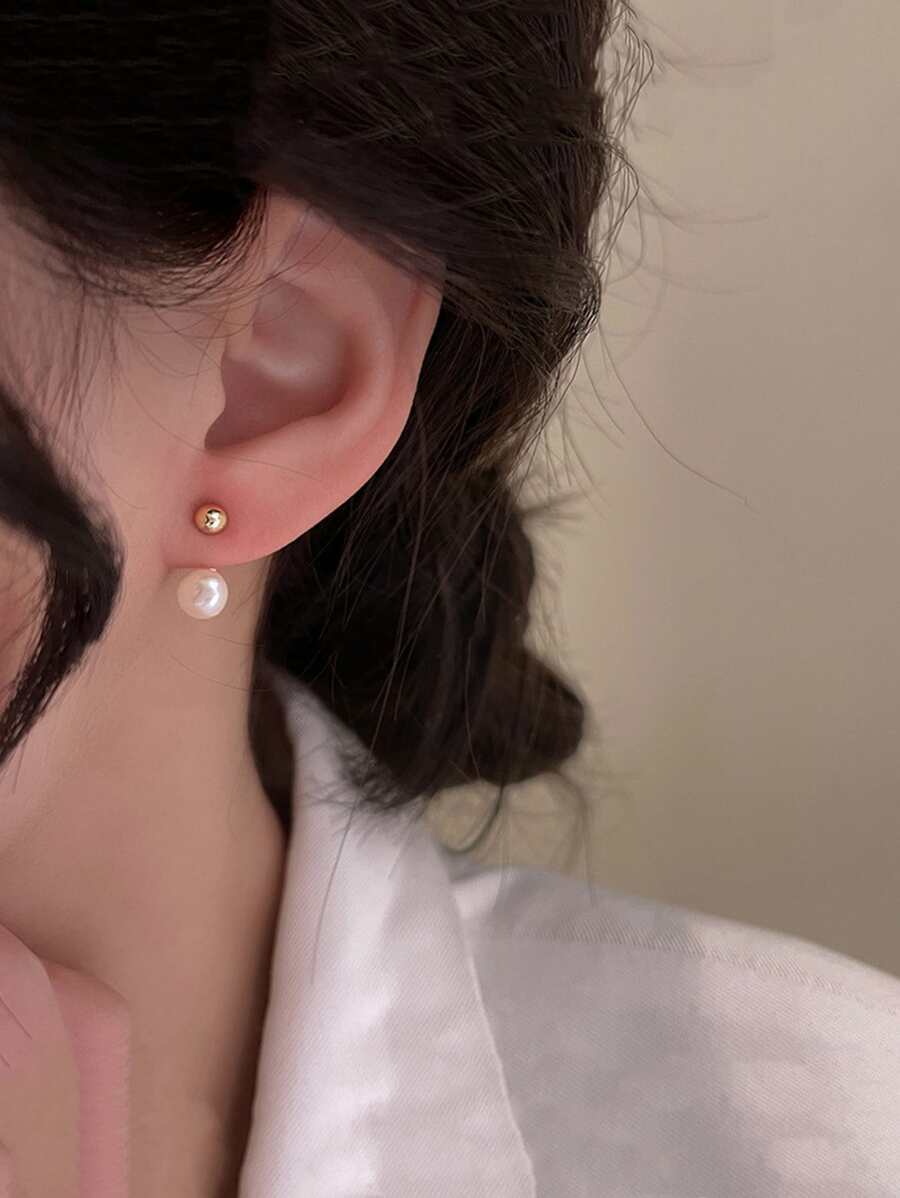 1 đôi bông tai nhỏ đính ngọc trai giả, kiểu dáng thanh lịch. Phụ kiện cho ngày Valentine. - Vàng - Xem 1
