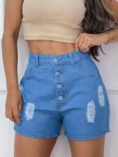 Shorts Jeans Feminino Cintura Alta Empina Bumbum Detalhe Botão Tecido Premium