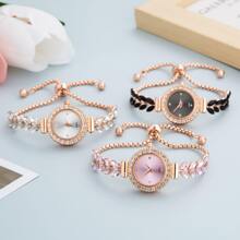 Neue modische lässige Armbanduhr für Damen, süßes rundes kleine Ziffernblatt mit Kristallen, Blatt- und Federmuster am Armband, Metall Quarz Uhr, Geschenk
