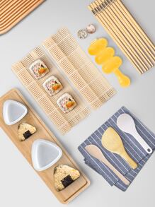 13入組竹製壽司製作套件,包括壽司模具、壽司窗簾、竹製湯匙、竹製刀、瘦魚紋筷子、米球器、米勺和各種壽司造型模具。適用於家庭或餐廳壽司製作。 - 彩色 - 查看 1