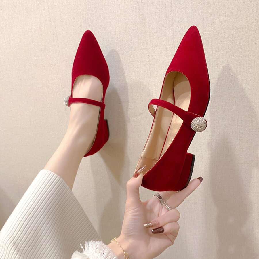 Tacones para mujeres bajo tacón de punta rojo - Rojo - Ver 1