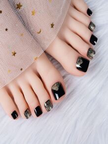 24 piezas Uñas de pies mejora su con este negro & brillo dorado falso , cobertura completa , adecuado para fiestas , baile , con uso diario - Negro - Ver 1