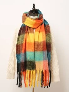 1 Pieza Bufanda A Cuadros Con Flecos, De Moda Y Versátil - Multicolor - Ver 2