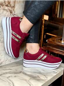 MUJER ZAPATILLAS DEPORTIVAS CON CORDONES TENIS DE PLATAFORMA VINO - Granate - Ver 3