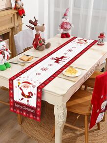 1pc Santa Claus Pattern Polyester Tablecloth/Table Runner, Suitable For Decorating Christmas Party At Home - AND - View 2