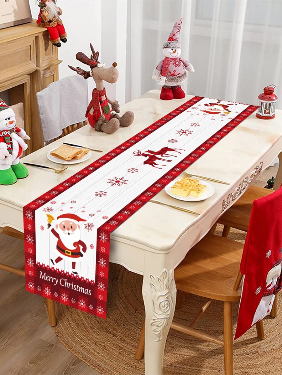 1pc Santa Claus Pattern Polyester Tablecloth/Table Runner, Suitable For Decorating Christmas Party At Home