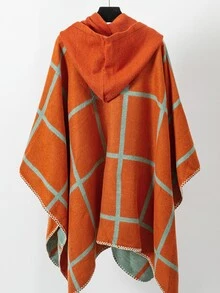 1件女性多功能格紋披肩斗篷,適用於攝影和日常穿搭,全季節適用 - 橘色 - 查看 5