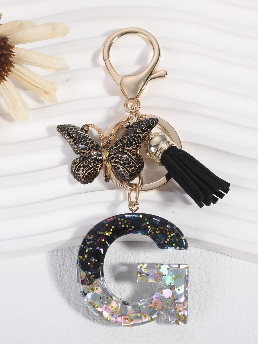 1pc Glitter Alphabet & Butterfly Shaped Keychain - Multicolor - View 1