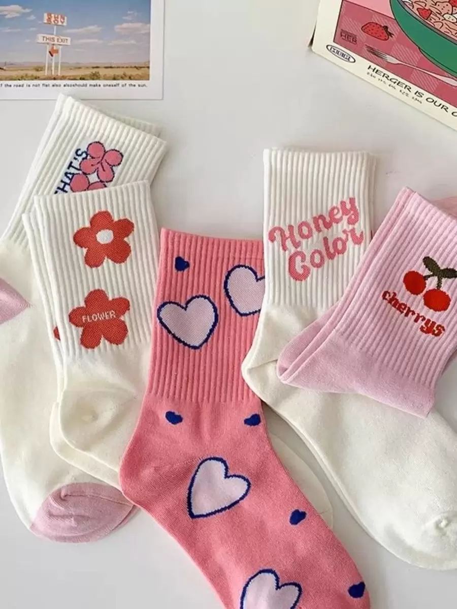 5 pares de calcetines por encima de la rodilla de estilo preppy y lindos de color rosa, para otoño - Multicolor - Ver 1